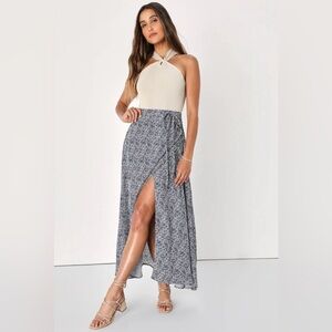 Lulus Tempest Navy Blue Print Wrap Maxi Skirt
